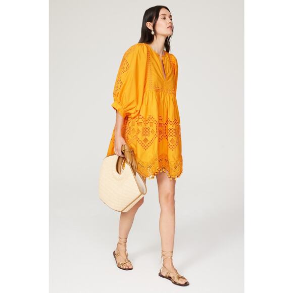RHODE Orange Yellow 100% Cotton 3/4 Sleeve Embroidered Carla Mini Dress Size M - Picture 1 of 14
